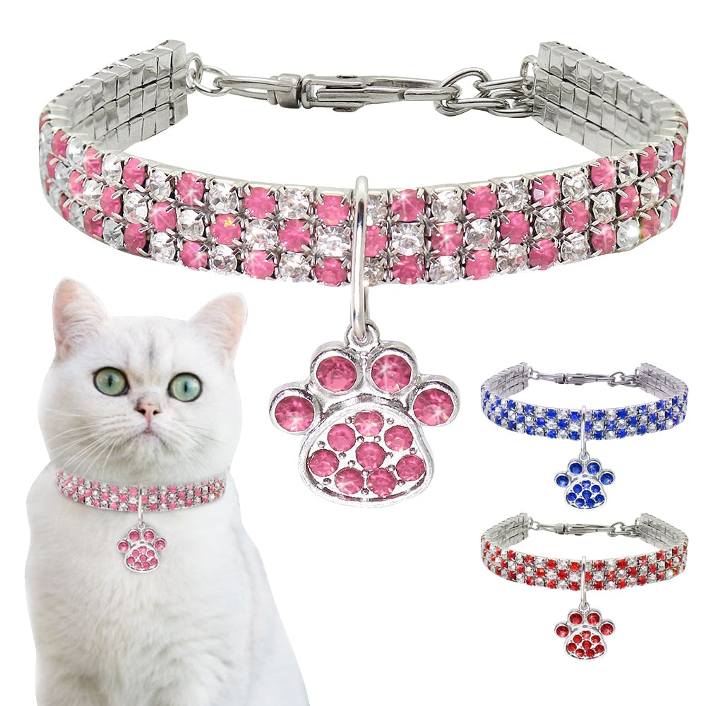 Glitzy Cat Collar with Paw Pendant